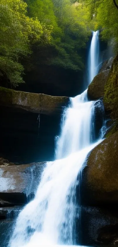 Serene waterfall in lush forest landscape, ideal for mobile wallpaper.