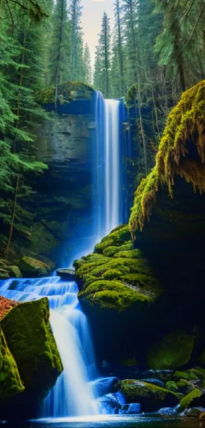 Serene forest waterfall under a full moon, with lush greenery and cascading water.