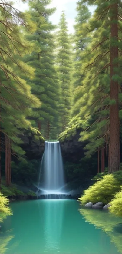 Serene forest waterfall wallpaper for mobile, featuring lush greenery and tranquil water scene.