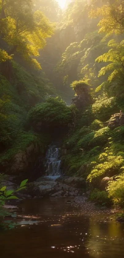 Lush forest scene with waterfall and sunlight.