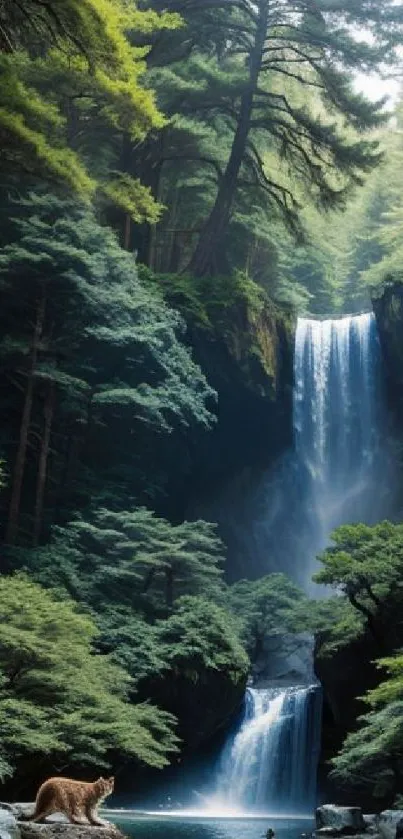 Serene forest waterfall with lush greenery.