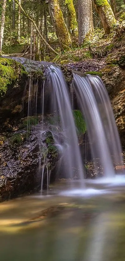 Calming forest waterfall with lush greenery and smooth water flow.