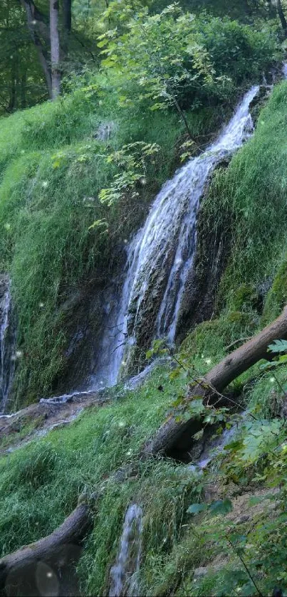 Serene waterfall flows through lush green forest landscape.
