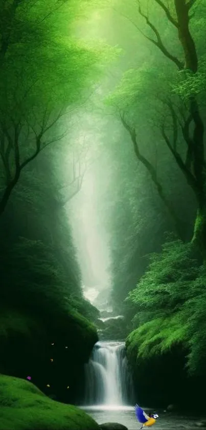 Serene green forest with waterfall wallpaper.