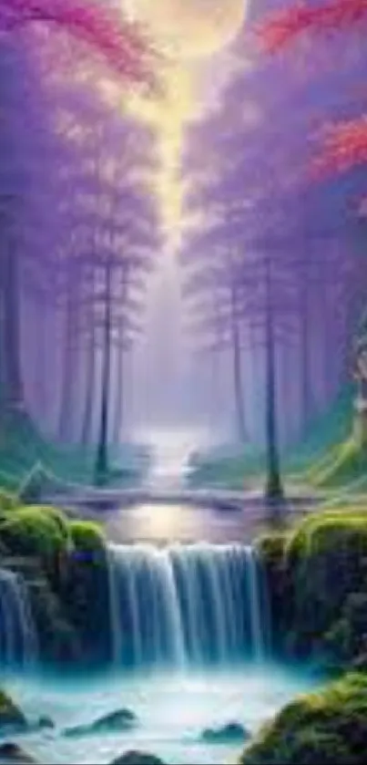 Serene forest with waterfall and misty purple hues creating a tranquil scene.