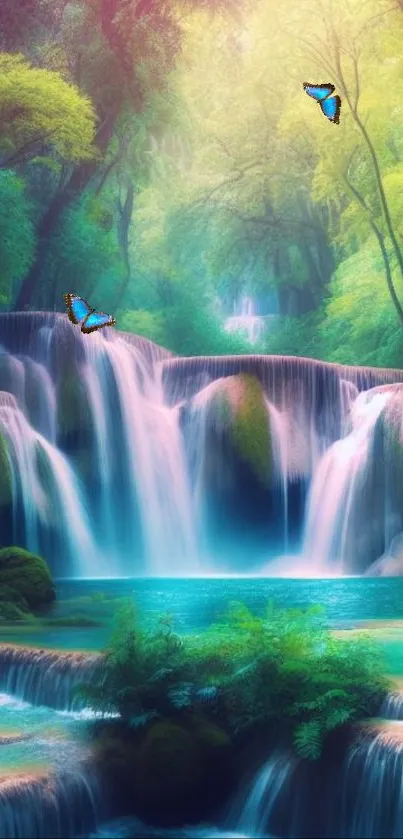 Serene waterfall in a lush, green forest with cascading waters and vibrant foliage.