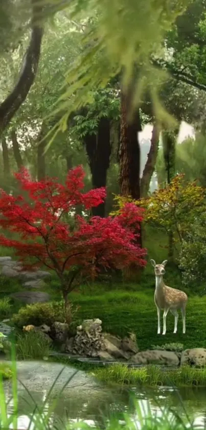 Mobile wallpaper of a serene forest with a deer and red trees.