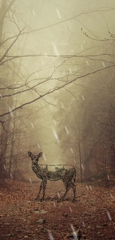 Serene forest with a deer standing in the misty woods on a brown forest path.