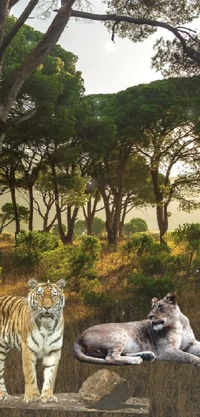 Serene forest wallpaper with tiger and deer under lush trees.