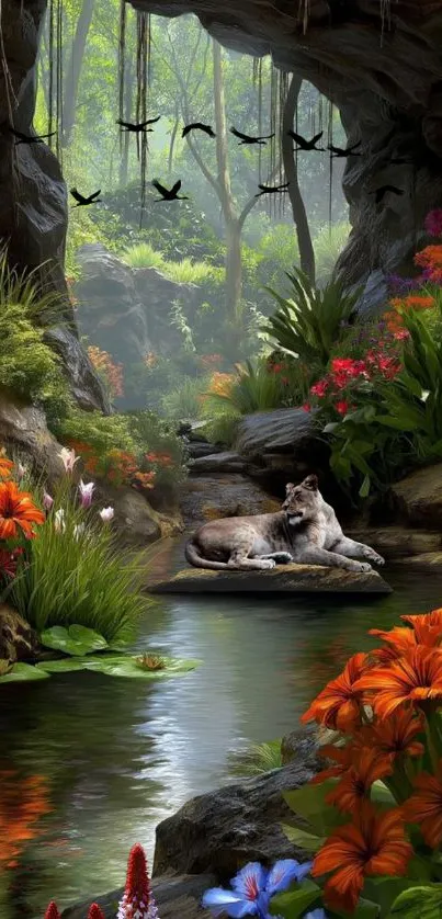 A serene forest scene with a wolf by a stream.
