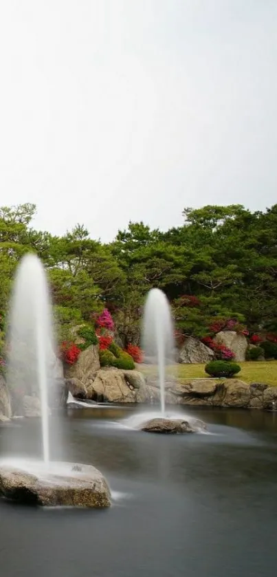 Tranquil garden with fountains and greenery.