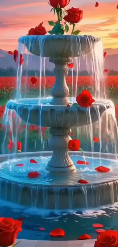 Beautiful fountain surrounded by blooming red roses at sunset.