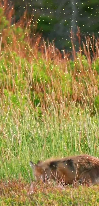 A serene fox surrounded by green meadow with glowing fireflies at dusk.