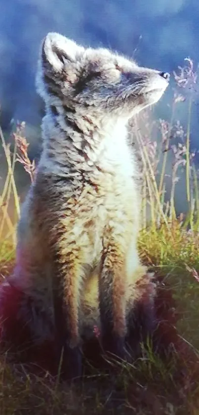 Calm fox enjoying sunlight in nature with subtle blue and green hues.