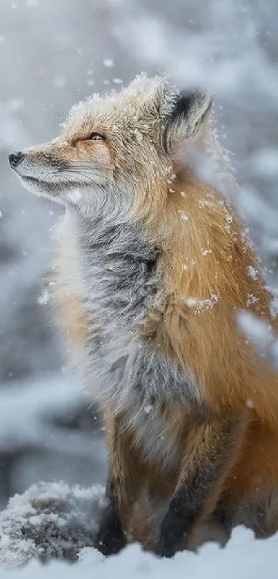 A fox sitting calmly in a snowy landscape with falling snowflakes.