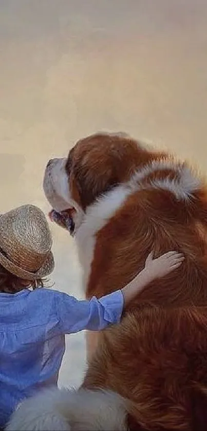 Child and dog sitting together in a peaceful outdoor setting.