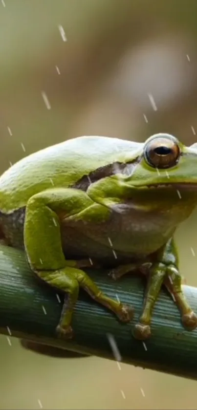 A serene green frog sitting on a branch during a gentle rainfall.