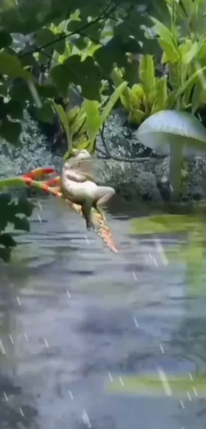 Frog in rain on a branch with lush green background.