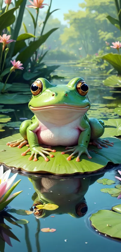 Green frog sitting on a lily pad in a pond with flowers.