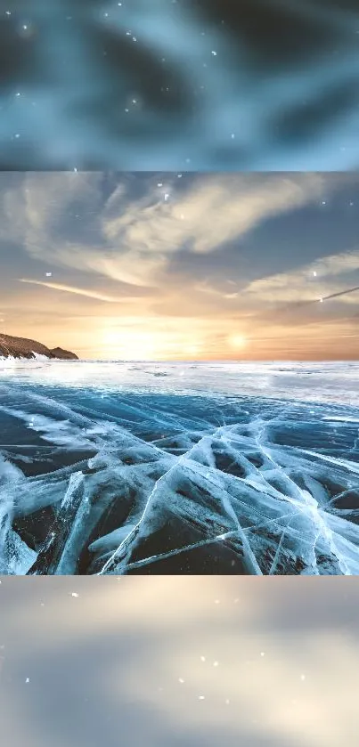 Serene frozen lake with a sunset sky.