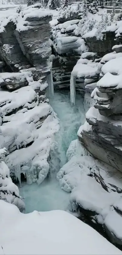 Snow-covered rocky gorge with icy waterfall in winter landscape.