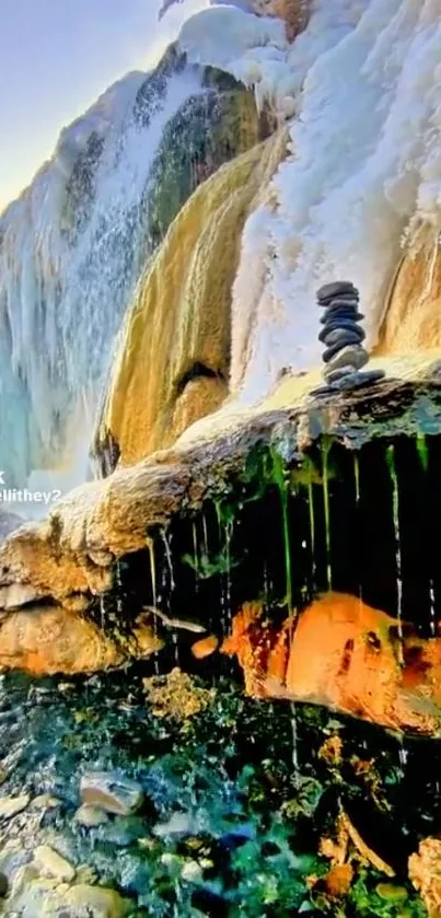 Ice blue frozen waterfall with rock stack.