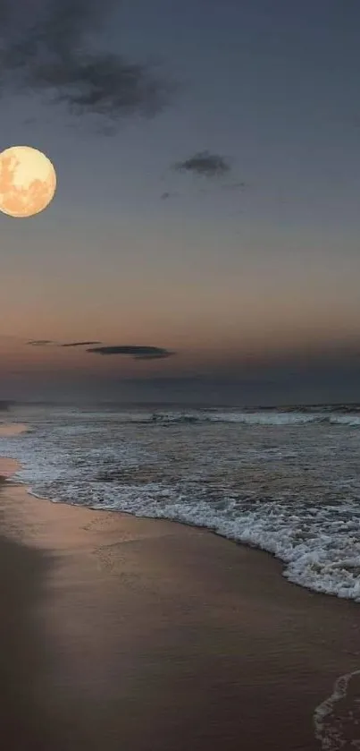 Full moon over serene beach with gentle waves and dark sky.