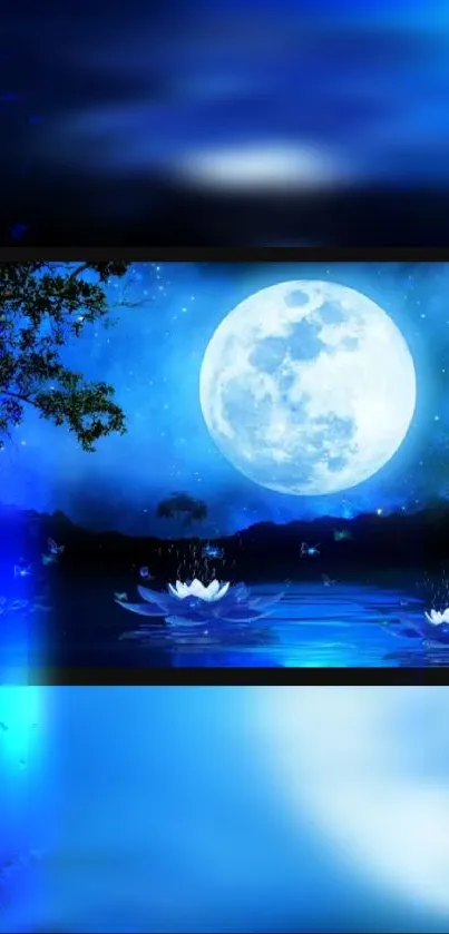 Serene wallpaper with full moon reflection and blue hues.