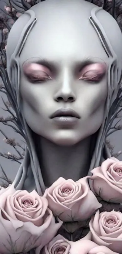 Futuristic face surrounded by soft pink roses.