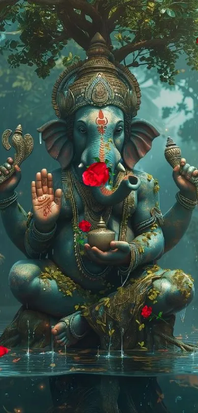 Lord Ganesha surrounded by lush greenery in a serene nature setting.