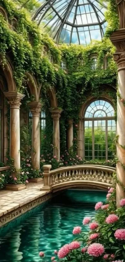 Serene garden atrium with lush greenery and flowers.