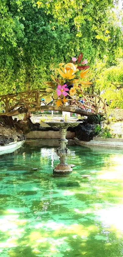 Peaceful garden with a bridge over reflective water surrounded by lush greenery.