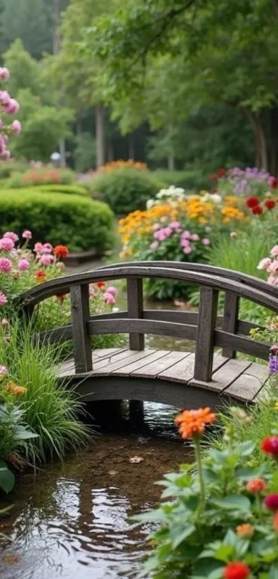Serene garden bridge with colorful flowers.
