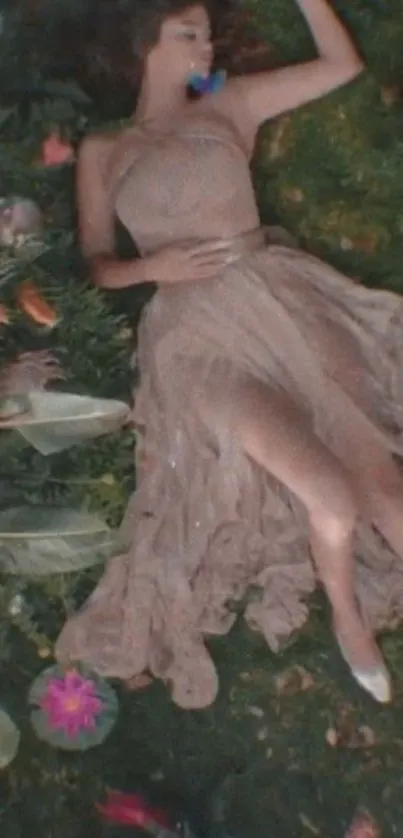 Woman in dress resting peacefully in a lush garden with colorful flowers.