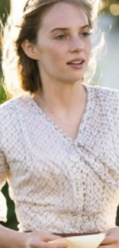 Woman in a serene garden, bathed in evening light with lush greenery.