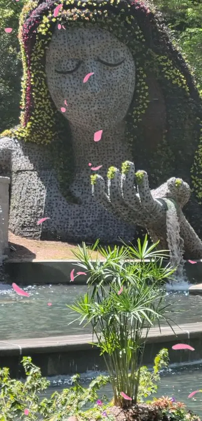 Goddess statue in tranquil garden setting with flowing water.