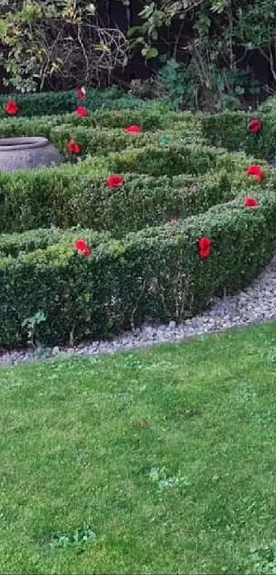 Serene garden hedge with red flowers and greenery.