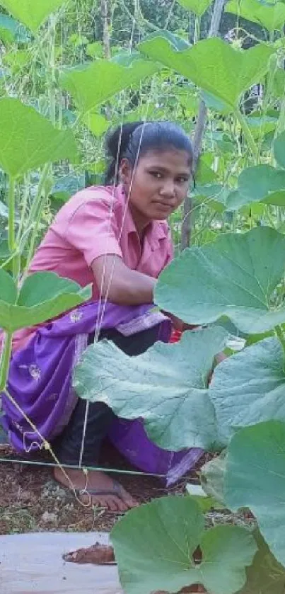 Person in a garden surrounded by lush green plants.