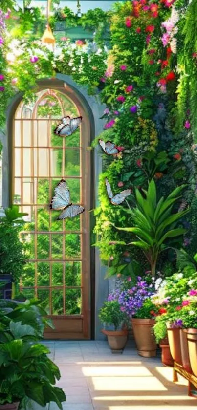 A serene garden wallpaper with vibrant flowers, green plants, and butterflies.
