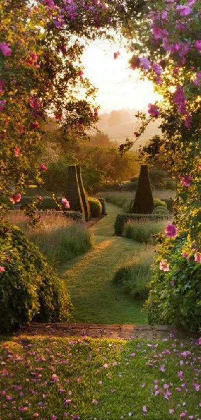 A serene garden path with flowers at sunrise, perfect for mobile wallpaper.