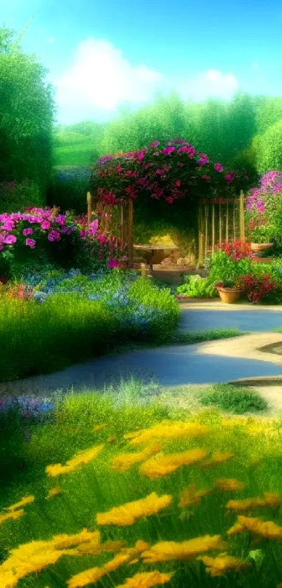 Serene garden path with vibrant flowers and lush greenery.