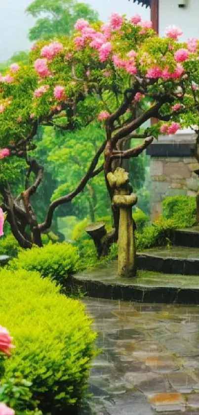 Tranquil garden pathway with pink flowers and lush greenery.