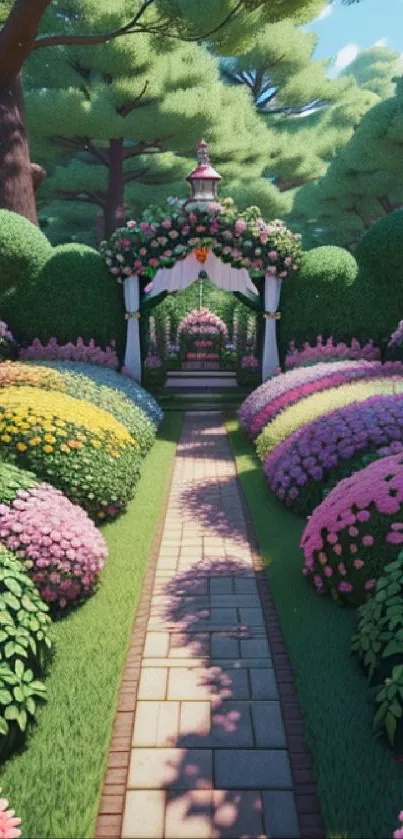 Serene garden pathway with colorful flower arches.