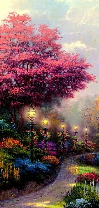 Serene garden path with pink blossoms and vibrant flowers in daylight.