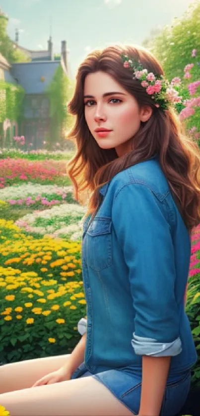 Woman in denim surrounded by colorful garden flowers.