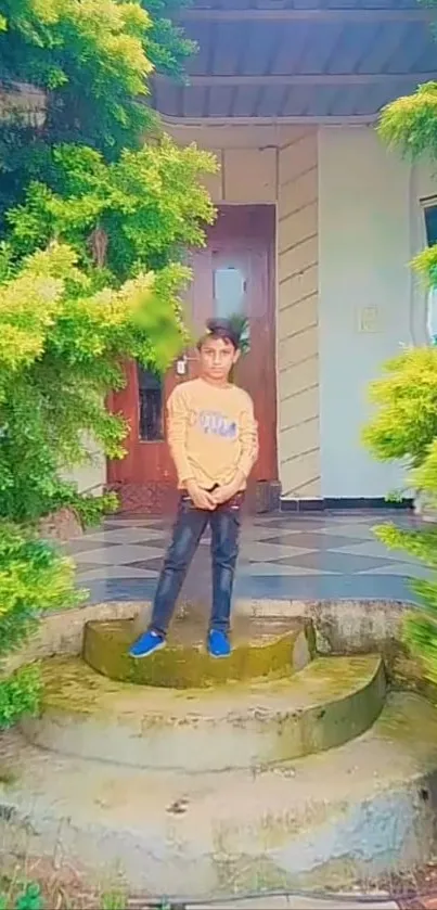 Portrait of a boy on garden steps with lush green foliage.