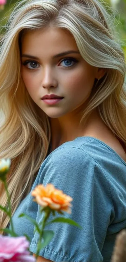 Portrait of a woman in a colorful garden setting.