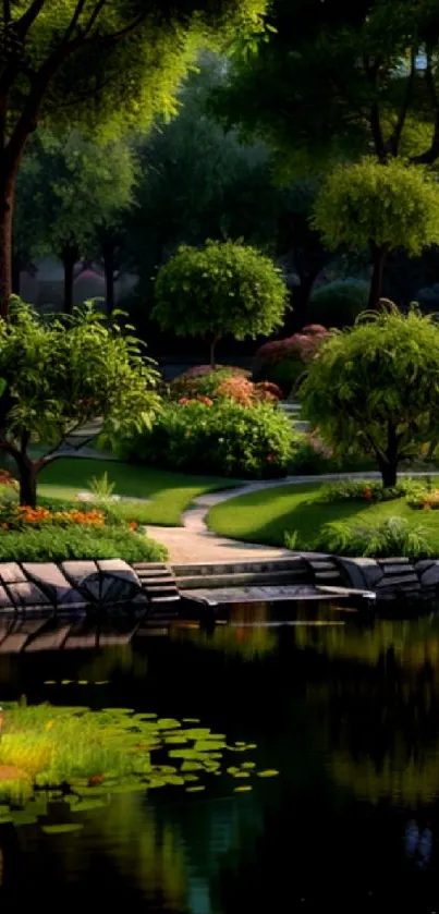 A serene garden with reflective pond and lush greenery under clear skies.