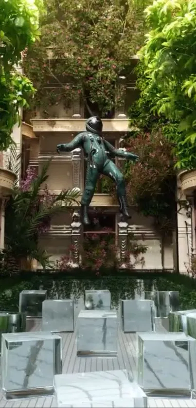 Garden statue with greenery and reflective cubes in an urban setting.