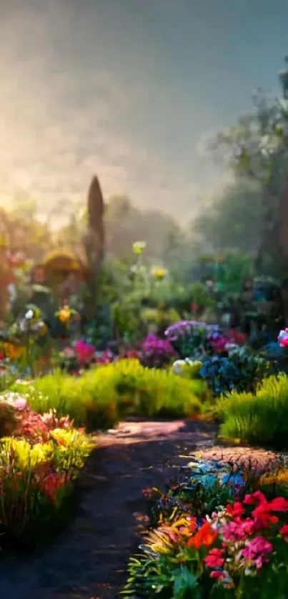 Serene garden with flowers at sunrise.